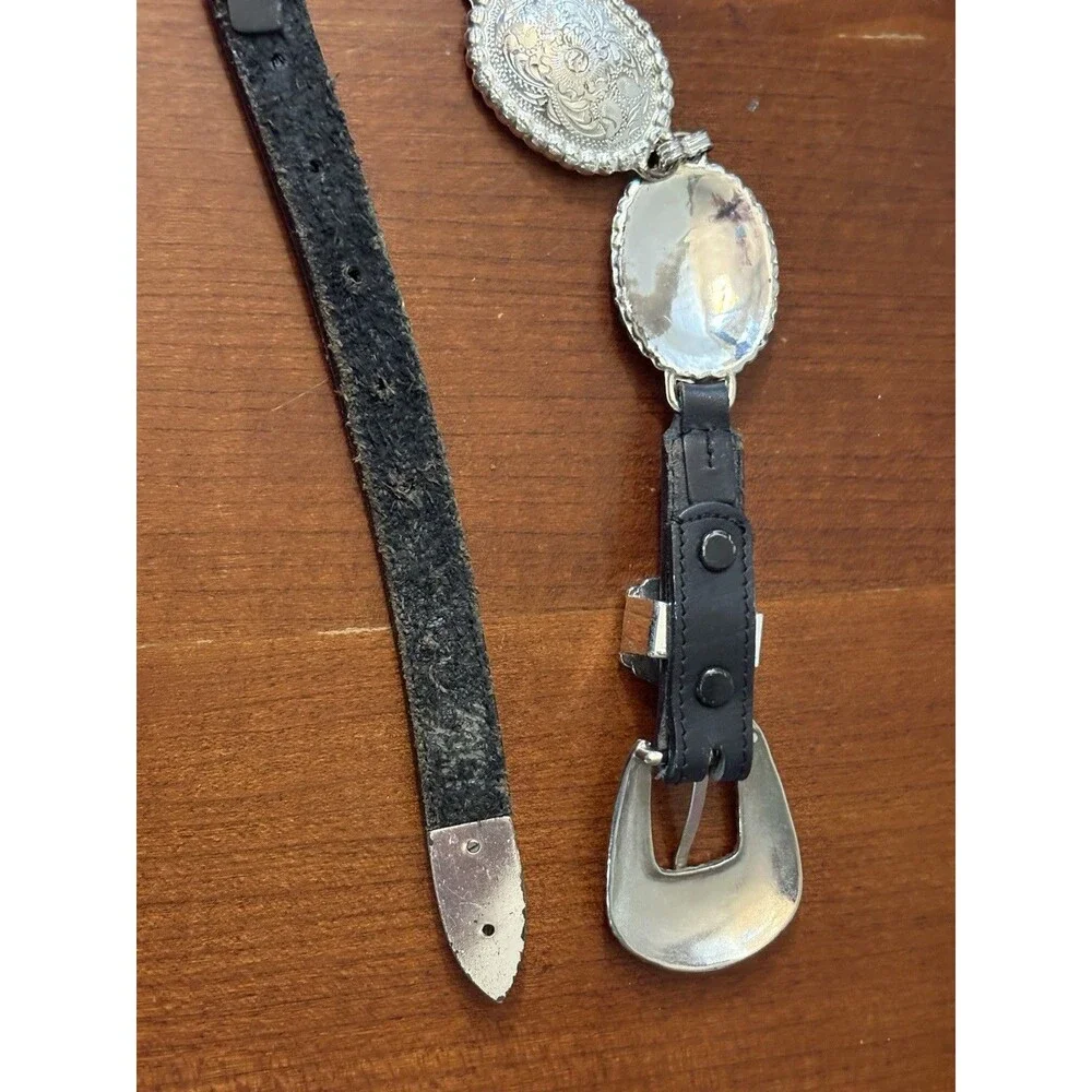 Vtg Blk Leather Silver Tone Floral Engraved Oval Conchos Cowgirl Boho Rodeo Belt